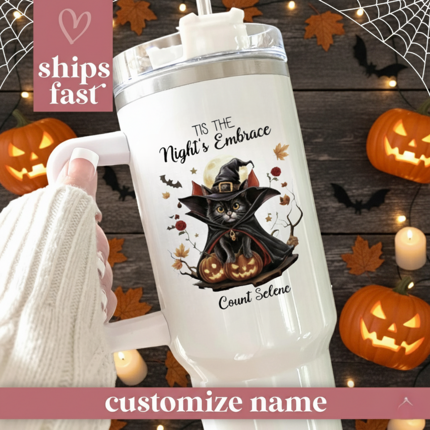 Custom Halloween Tumbler for Cat Lovers | Personalized Black Cat & Ghost Design | 20oz or 40oz Halloween Travel Cup | Perfect Customizable Gift for Halloween | Halloween Gift for Lovers, Mom