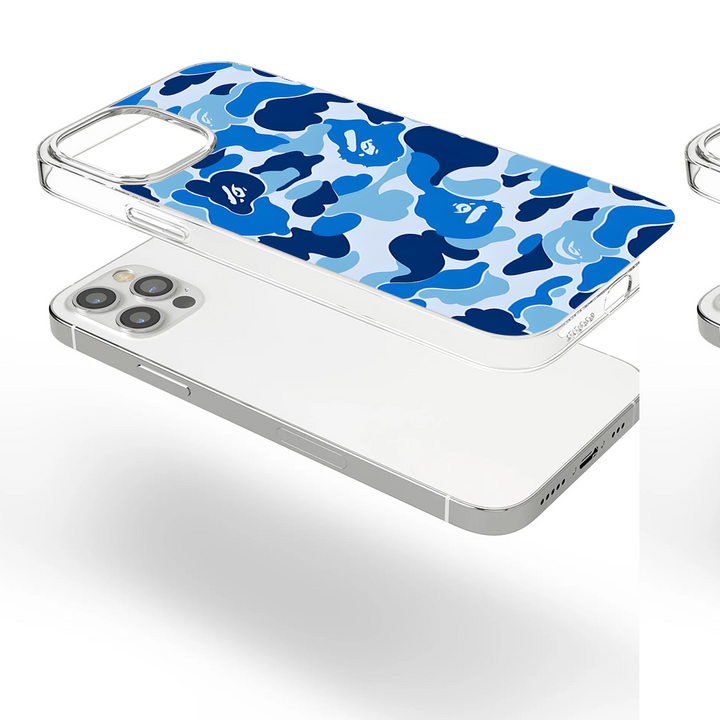 Bape Blue Camo Phone Case – Dark Meme Aesthetic Horror Cover for iPhone 11 12 13 14 15 16 Pro Max Samsung S22 S23 S24 S24.99 Ultra Plus