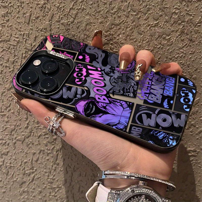 Graffiti Black and Purple Cartoon Design Mobile Phone Case, Beautiful and Fashionable Anti-fall Protective Case For iPhone 7 8 X 11 12 13 14 15 16 Pro Max Plus