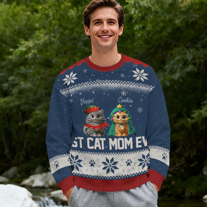 Custom Cat Mom Christmas Sweater – “Best Cat Mom Ever” - Personalized Cat Images, Names & Colors , Cozy Holiday Knit Pullover