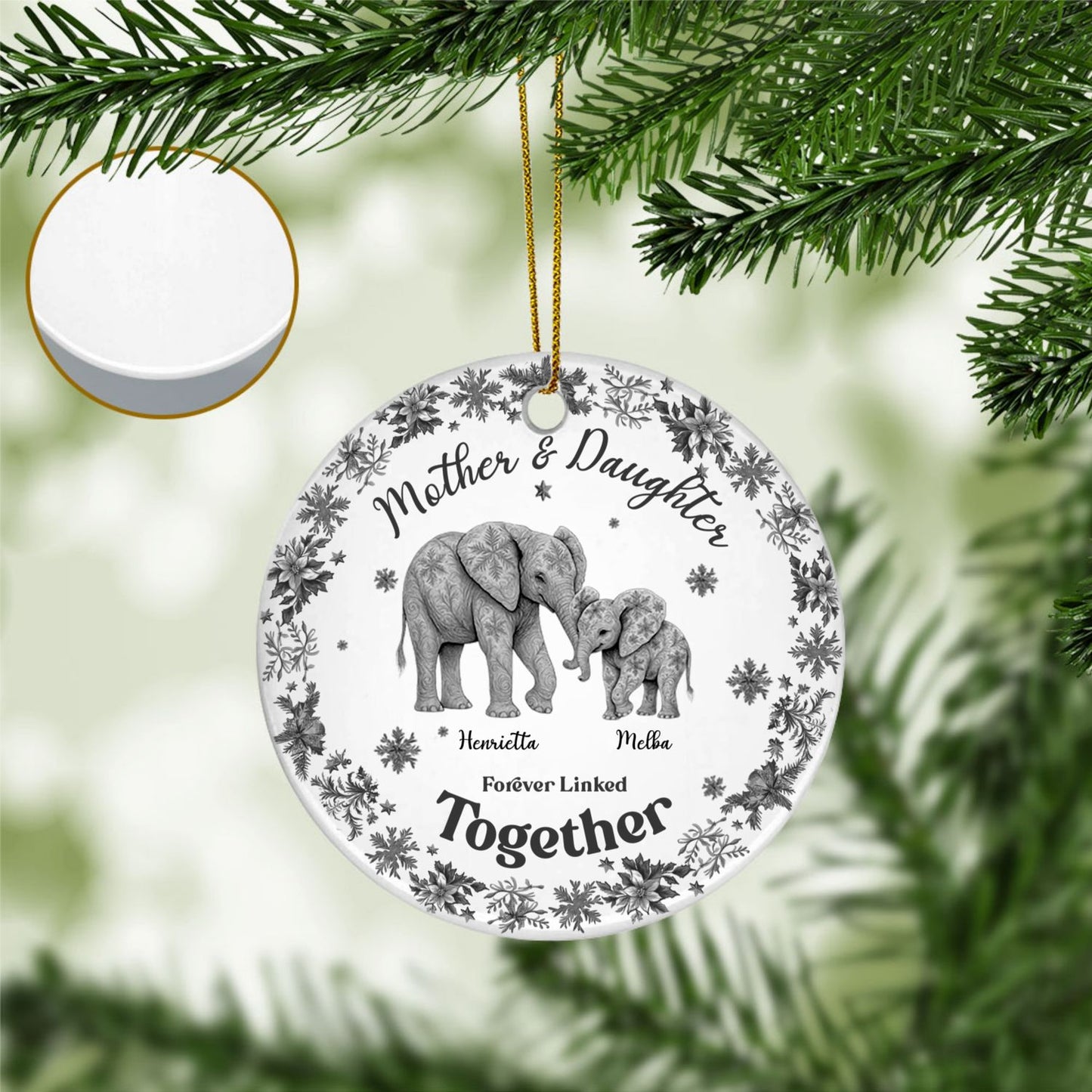 Custom Elephant Toile de Jouy Ceramic Ornament – Personalized Circle Ceramic Gift for Mom & Daughter/Son, Forever Linked Together