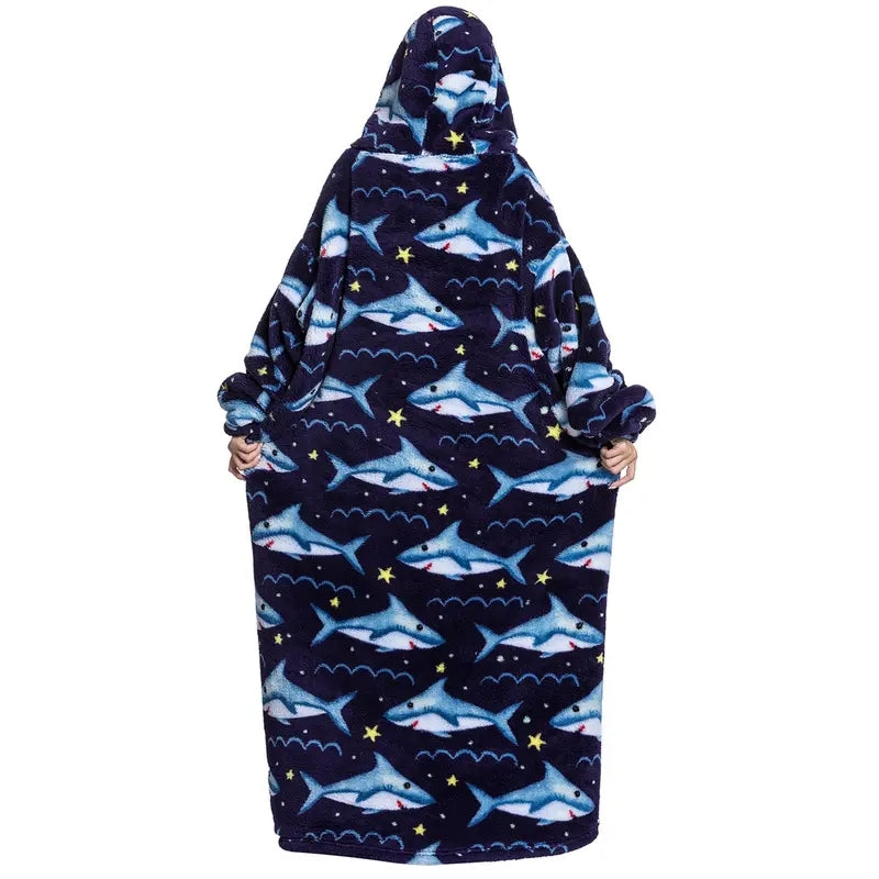 Plus Size Halloween Wearable Blanket Hoodie – Oversized Sherpa Fleece Sweatshirt with Pocket for Women & Men