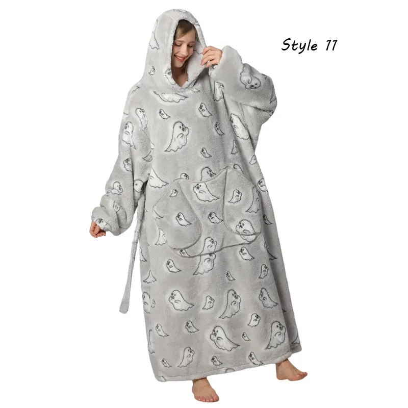 Plus Size Halloween Wearable Blanket Hoodie – Oversized Sherpa Fleece Sweatshirt with Pocket for Women & Men