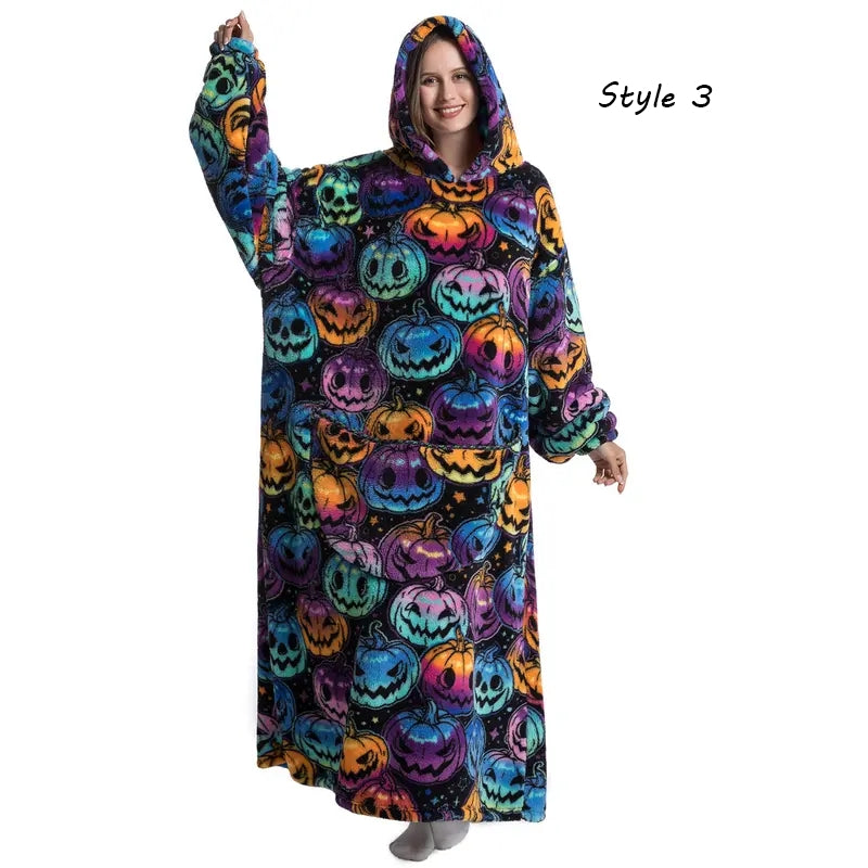 Plus Size Halloween Wearable Blanket Hoodie – Oversized Sherpa Fleece Sweatshirt with Pocket for Women & Men