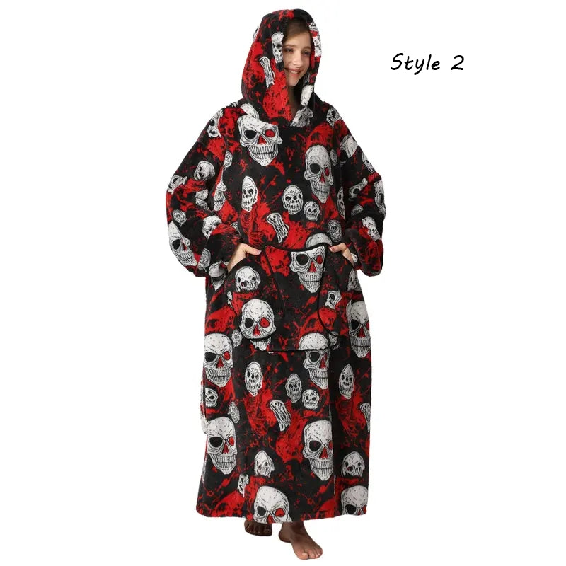 Plus Size Halloween Wearable Blanket Hoodie – Oversized Sherpa Fleece Sweatshirt with Pocket for Women & Men