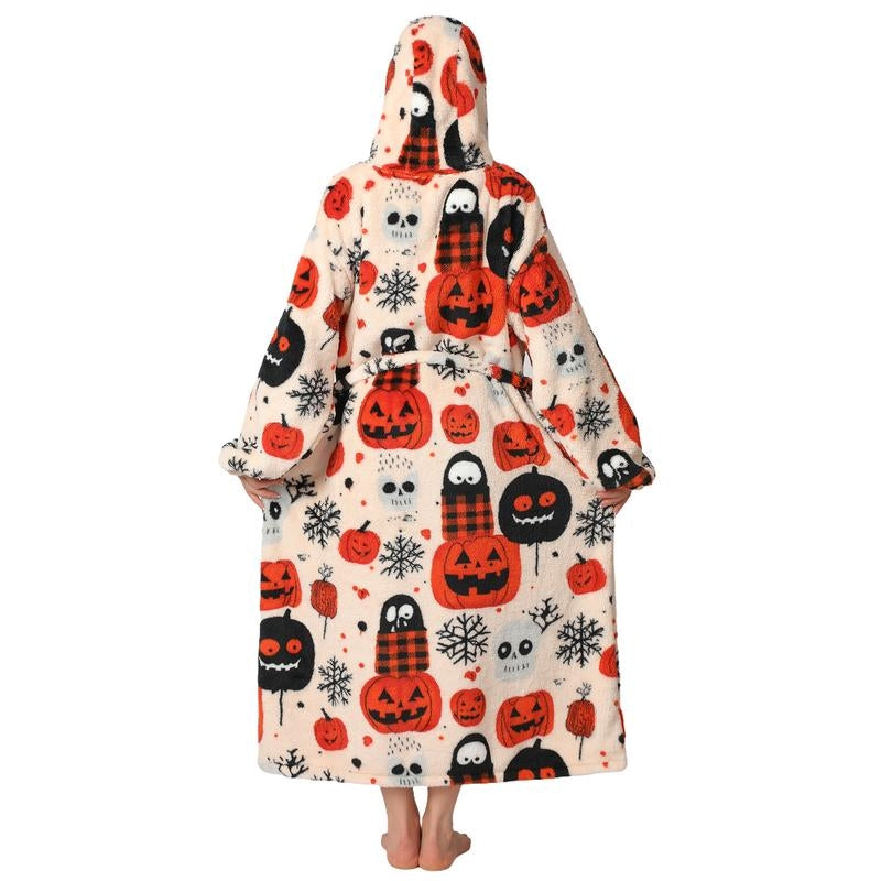 Plus Size Halloween Wearable Blanket Hoodie – Oversized Sherpa Fleece Sweatshirt with Pocket for Women & Men