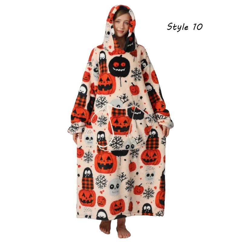 Plus Size Halloween Wearable Blanket Hoodie – Oversized Sherpa Fleece Sweatshirt with Pocket for Women & Men