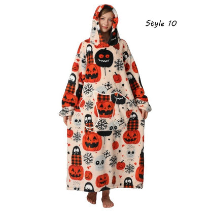 Plus Size Halloween Wearable Blanket Hoodie – Oversized Sherpa Fleece Sweatshirt with Pocket for Women & Men