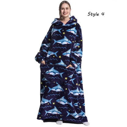 Plus Size Halloween Wearable Blanket Hoodie – Oversized Sherpa Fleece Sweatshirt with Pocket for Women & Men