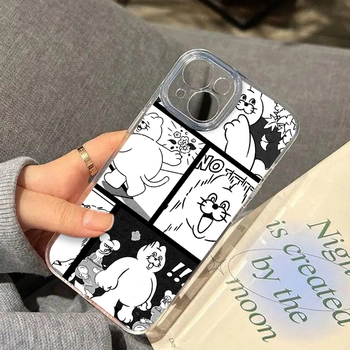 Cute Black and White Manga Comic Phone Case – Funny Cartoon Style for iPhone 11 12 13 14 15 16 Pro Max & Samsung