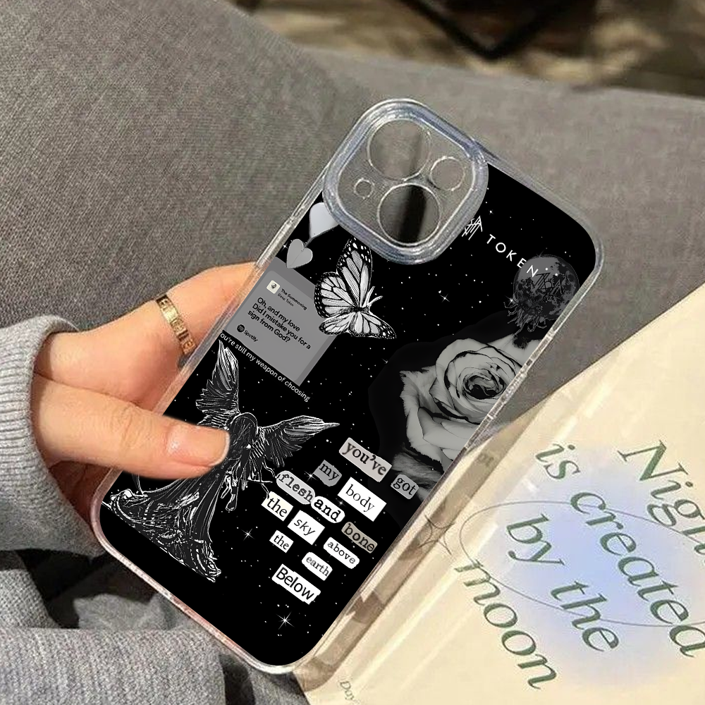 Lyrics Collage Angel Phone Case – Dark Aesthetic Black & White Design Cover for iPhone 11 12 13 14 15 16 Pro Max, Emotional Gift Idea