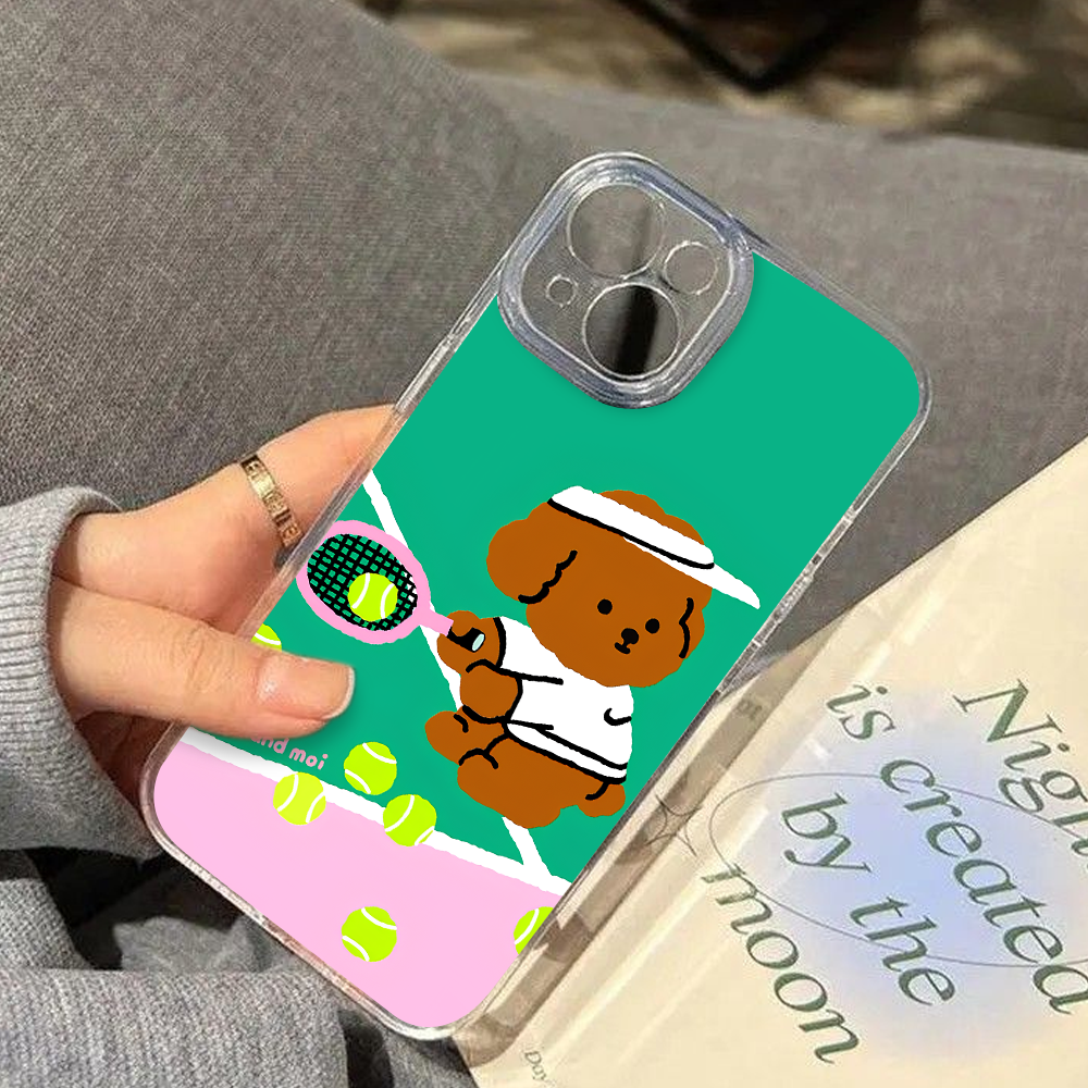 Cartoon Bear Birthday & Tennis Puppy Phone Case – Cute Animal Design for iPhone 11 12 13 14 15 16 Pro Max & Samsung