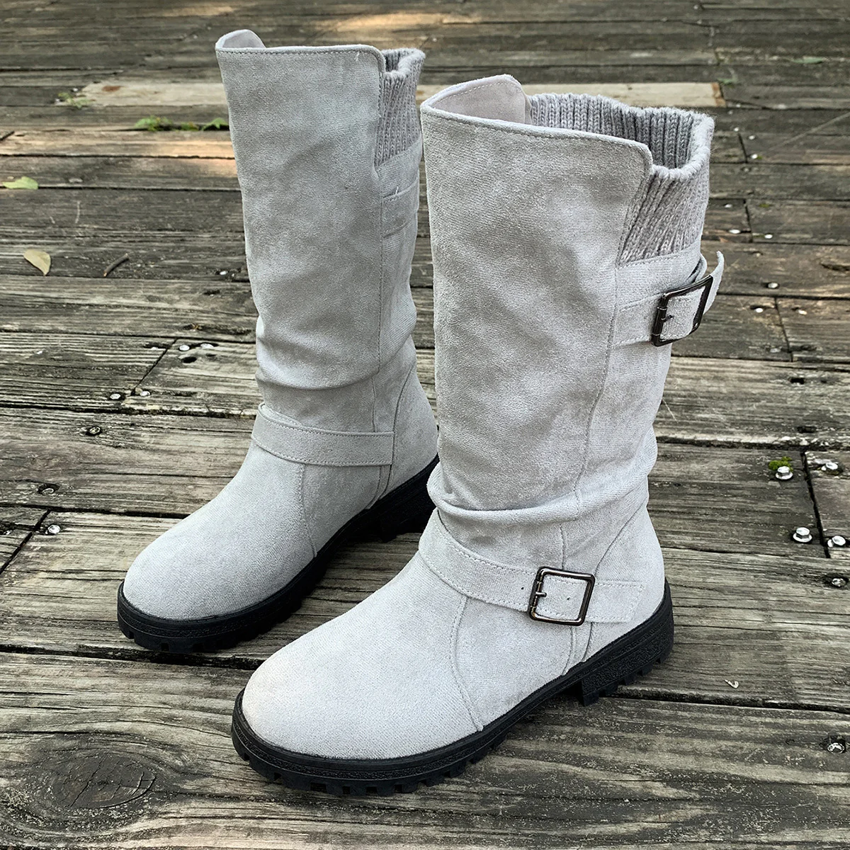 Women’s RanchWrap Buckle Mid-Calf Suede Boots – Knit Cuff Western-Style Slouchy Shoes