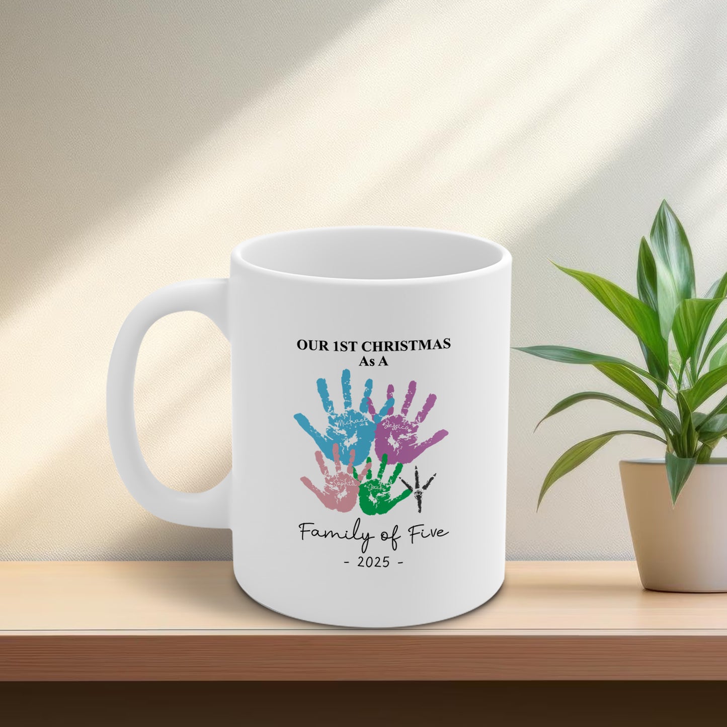 First Christmas As A Family Of Four Handprints - Personalized Mug White & Black