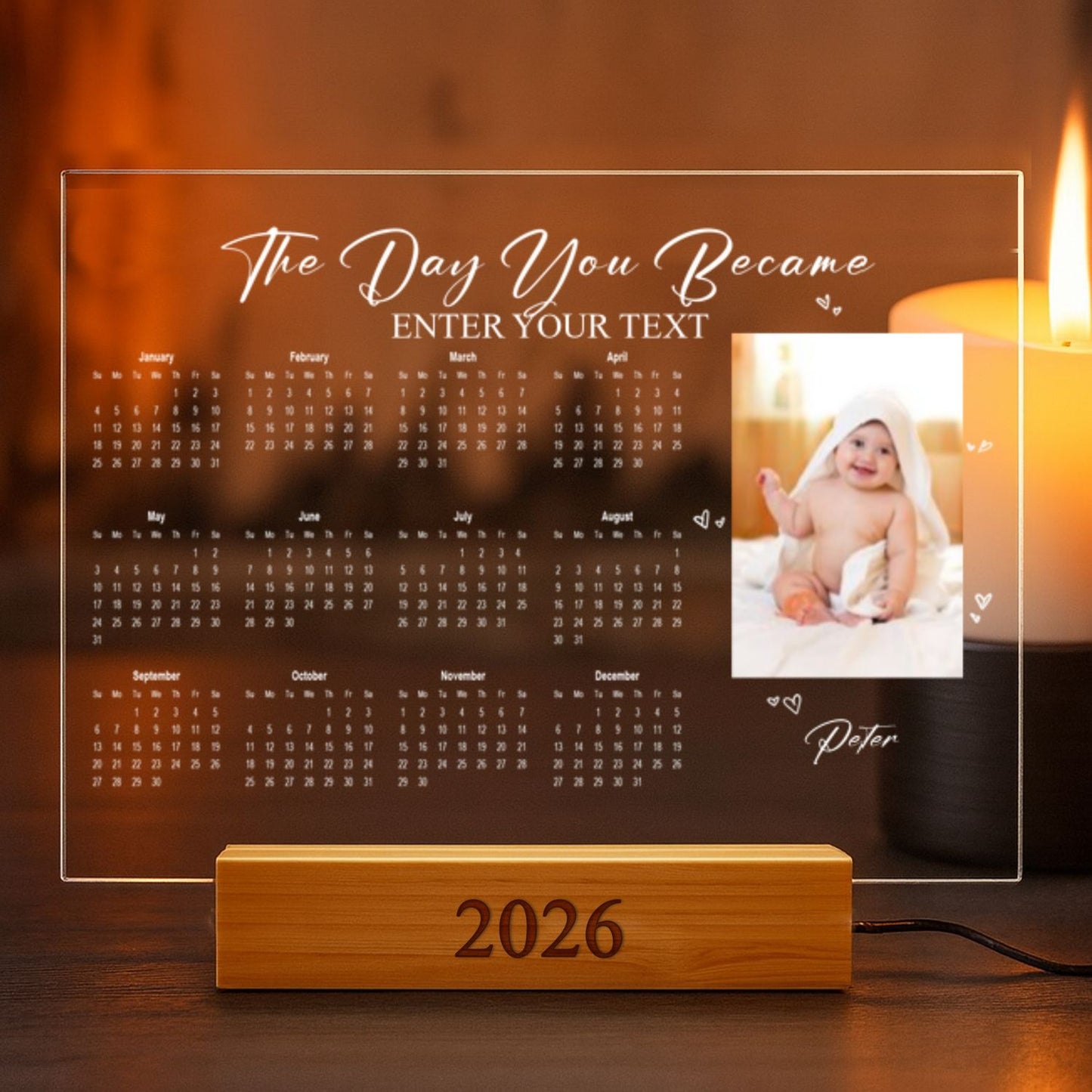 Custom LED Acrylic 2026 Calendar Lamp – Personalized Gift for Parents & Newborns, Photo Night Light for Family - The Day You Became My Parents