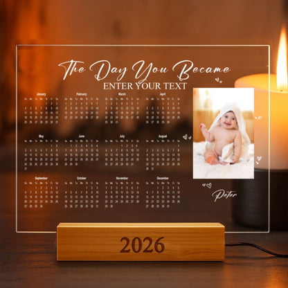 Custom LED Acrylic 2026 Calendar Lamp – Personalized Gift for Parents & Newborns, Photo Night Light for Family - The Day You Became My Parents