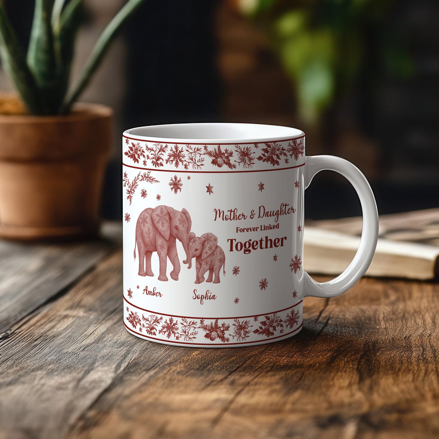 Mug 3DCustom Mother & Daughter / Mother & Son Elephant Mug – “Forever Linked Together” - Personalized Names ,Toile de Jouy Floral Elephant Design