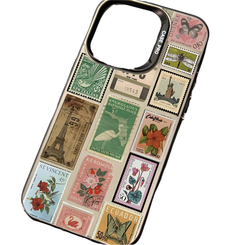 Vintage Retro Postage Stamp pattern IMD Phone Case, Shockproof Anti-drop For iPhone X 11 12 13 14 15 16 Pro Max Plus Samsung Galaxy S24.99 S24 S23