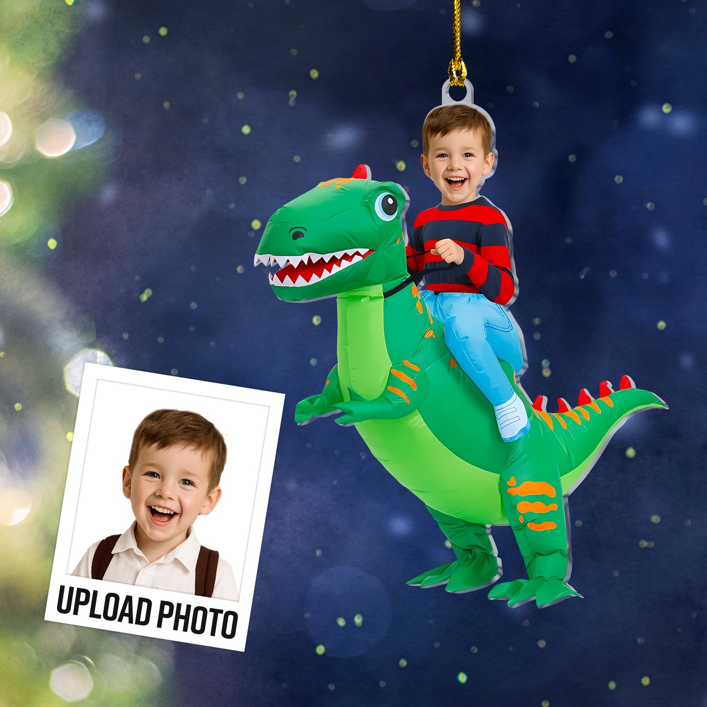 Personalized Kid Face Green Dinosaur Acrylic Ornament - Custom Acrylic Photo Gift for Kids