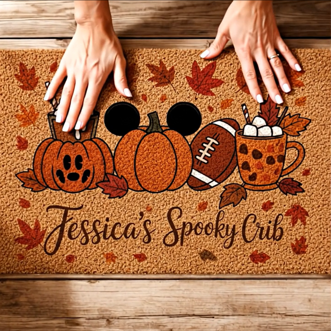 Personalized Halloween Coir Doormat – Pumpkins, Football & Pumpkin Spice Latte | Autumn Porch & Entryway Welcome Mat