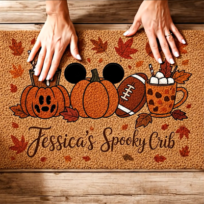 Personalized Halloween Coir Doormat – Pumpkins, Football & Pumpkin Spice Latte | Autumn Porch & Entryway Welcome Mat