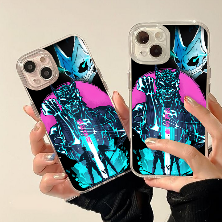 Neon Anime Demon Phone Case, Cyberpunk Monster Design for iPhone 12 13 14 15 Pro Max – Blue & Pink Street Style