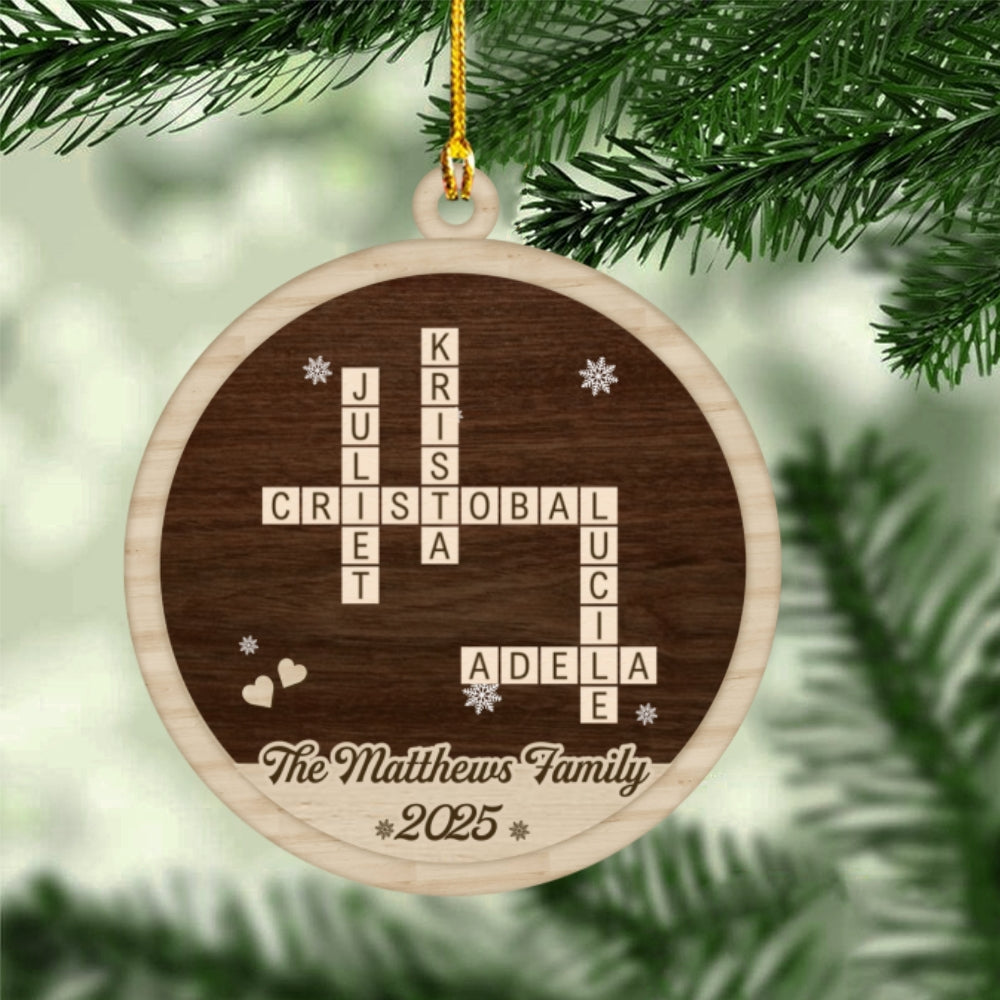 Custom Family Name Crossword Wooden Ornament – Personalized Christmas Tree Decoration with Names & Year