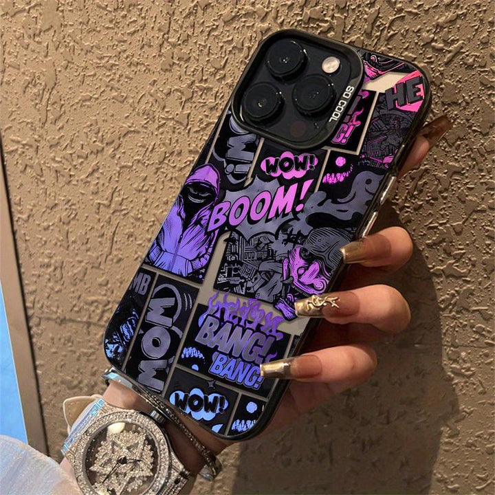 Graffiti Black and Purple Cartoon Design Mobile Phone Case, Beautiful and Fashionable Anti-fall Protective Case For iPhone 7 8 X 11 12 13 14 15 16 Pro Max Plus