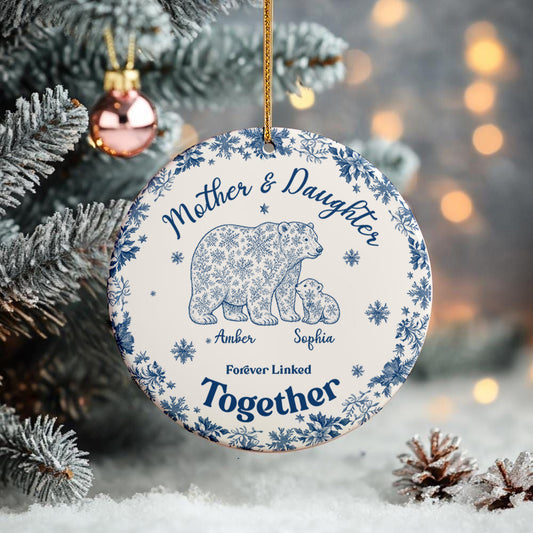 Custom Bear Toile de Jouy Ceramic Ornament – Personalized Circle Ceramic Gift for Mom & Daughter/Son, Forever Linked Together