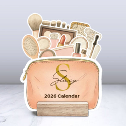 Custom Makeup Bag 2026 Calendar  with Wooden Stand – Personalized Cosmetic Organizer Desk Decoration Gift