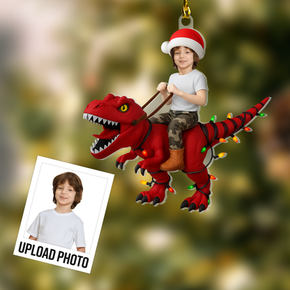 Personalized Kid Riding Dinosaur Ornament – Custom Photo Acrylic Ornament For Kids