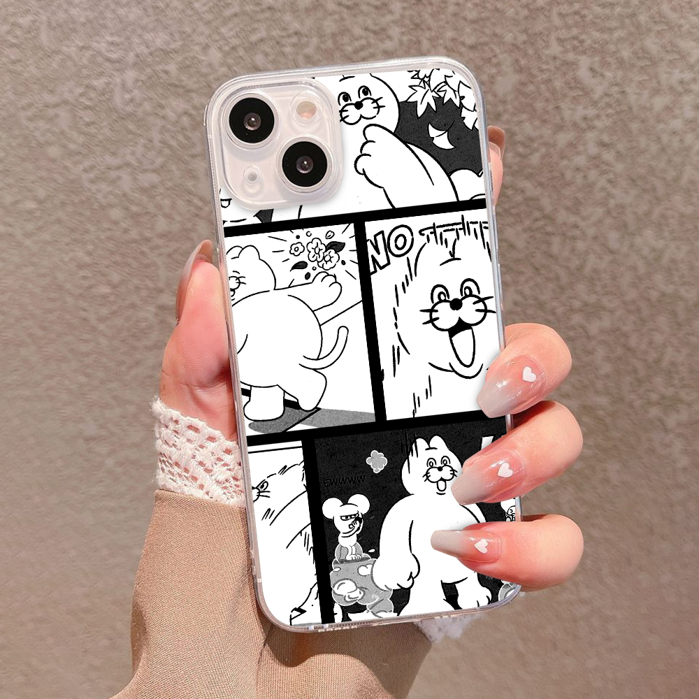 Cute Black and White Manga Comic Phone Case – Funny Cartoon Style for iPhone 11 12 13 14 15 16 Pro Max & Samsung