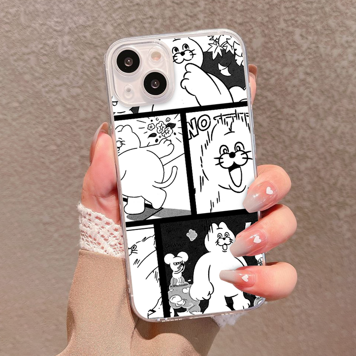 Cute Black and White Manga Comic Phone Case – Funny Cartoon Style for iPhone 11 12 13 14 15 16 Pro Max & Samsung