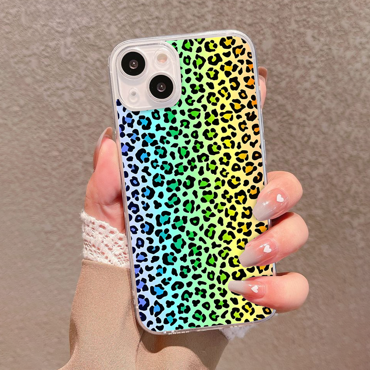 Leopard Print Phone Case Collection – Pastel Purple, Rainbow Gradient & Green with Pink Accents