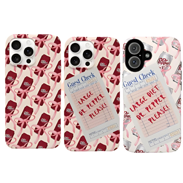 Dr Pepper Coquette Phone Case – Pink Bow Aesthetic with “Large Dr Pepper Please” Note, Cute Y2K Design for iPhone & Samsung, Gift for Her