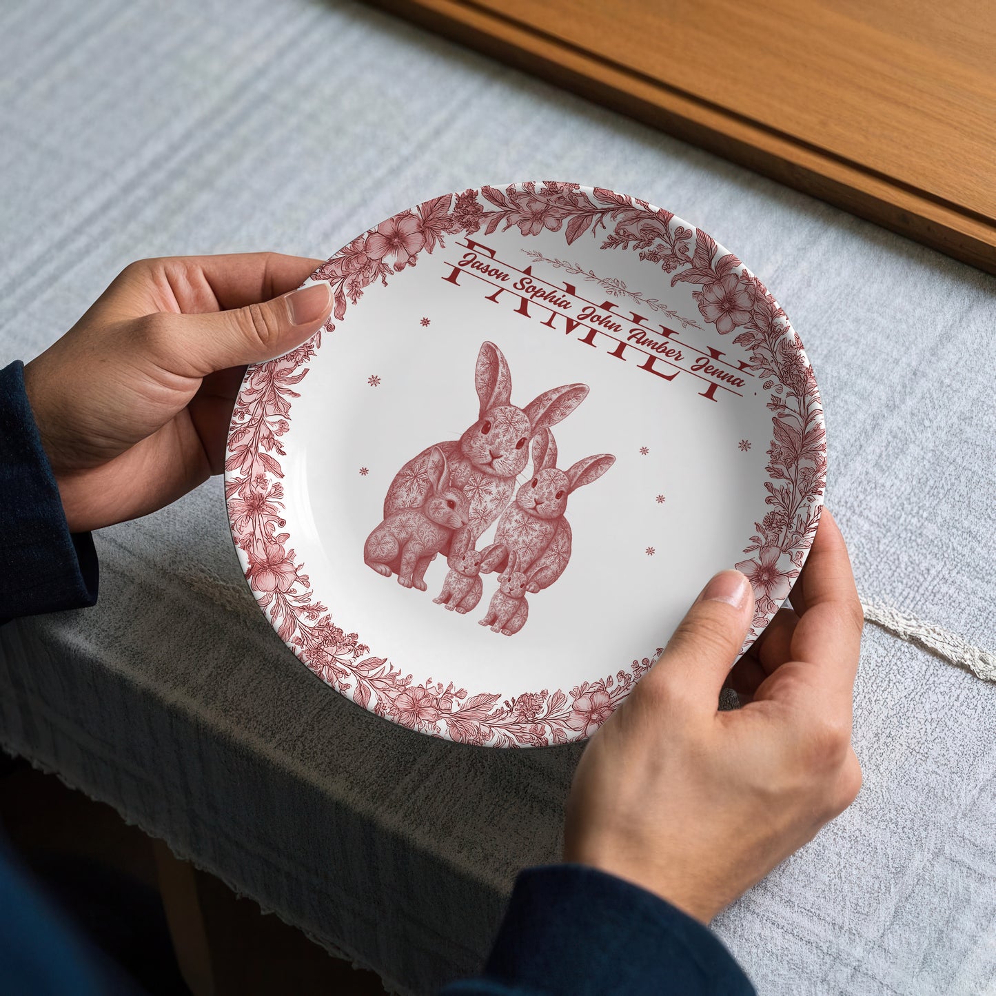 Custom Rabbit Family Ceramic Plate with Stand – Personalized Gift for Home & Family Decor