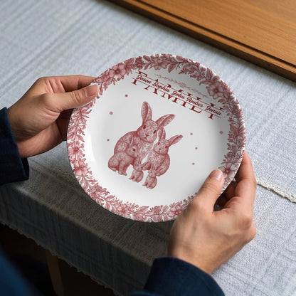 Custom Rabbit Family Ceramic Plate with Stand – Personalized Gift for Home & Family Decor