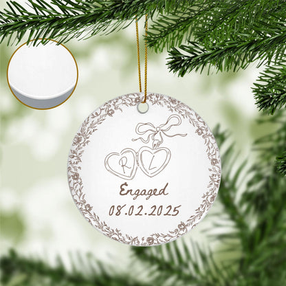 Personalized Engagement Ceramic Ornament – Custom Couple Gift with Toile de Jouy Design
