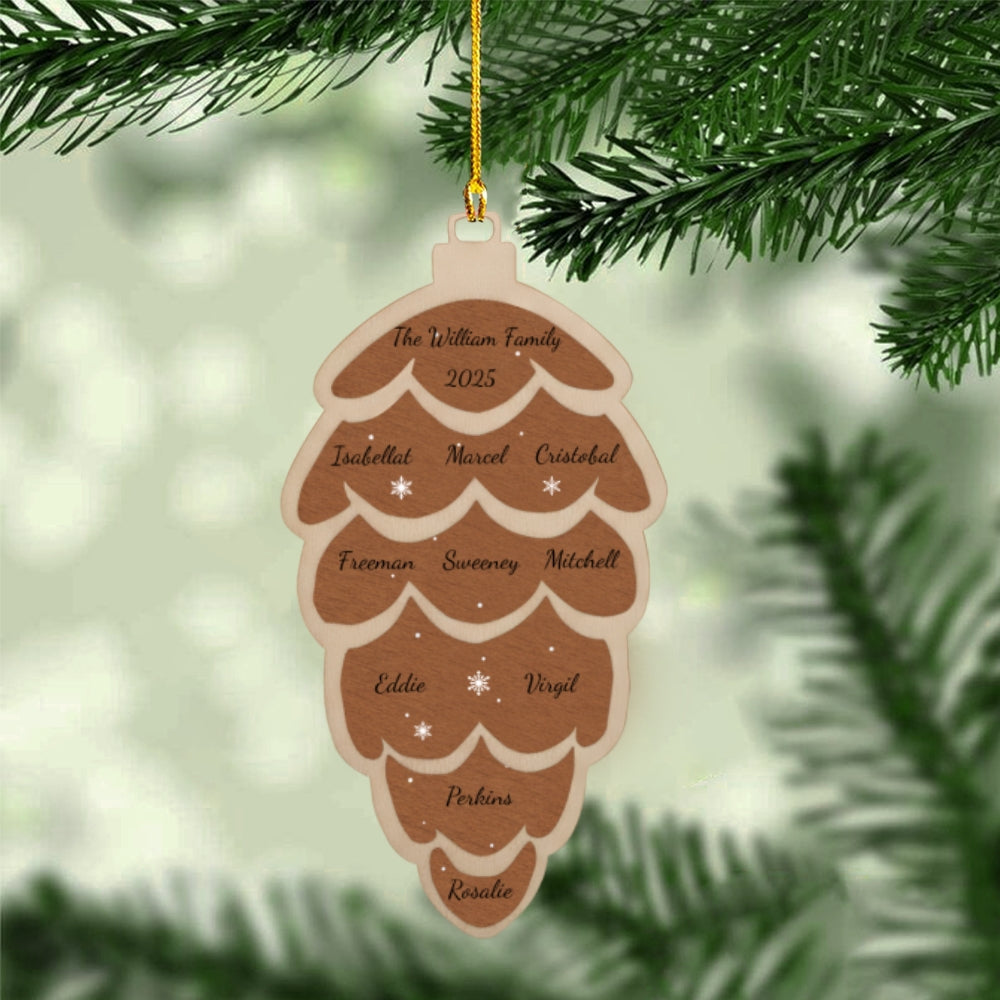 Custom Family Name Wooden Pinecone Ornament – Personalized Layered Christmas Tree Decoration