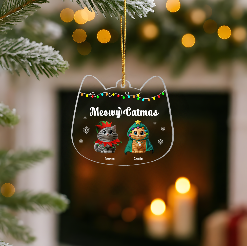 Custom Cat Christmas Ornament – Personalized "Meowy Catmas" Decoration with Pet Names