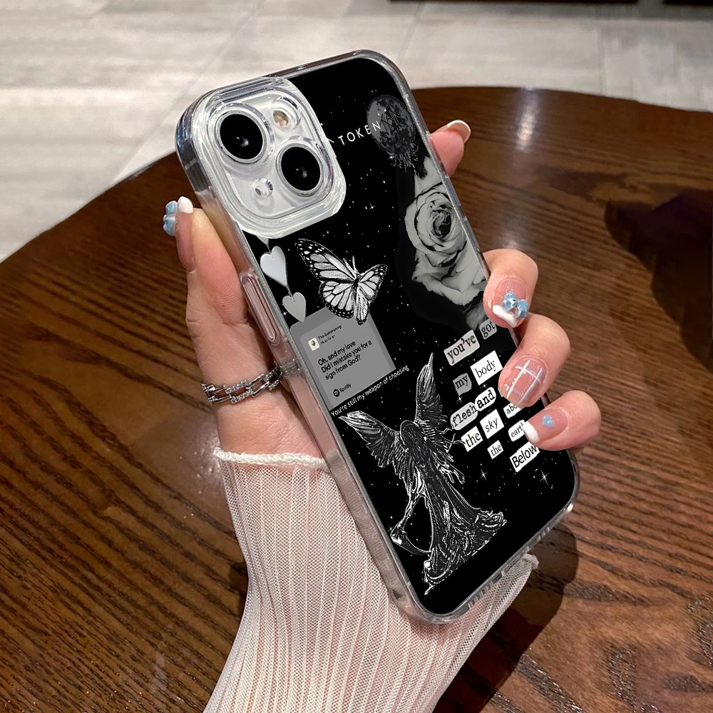 Lyrics Collage Angel Phone Case – Dark Aesthetic Black & White Design Cover for iPhone 11 12 13 14 15 16 Pro Max, Emotional Gift Idea