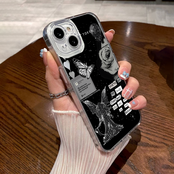 Lyrics Collage Angel Phone Case – Dark Aesthetic Black & White Design Cover for iPhone 11 12 13 14 15 16 Pro Max, Emotional Gift Idea