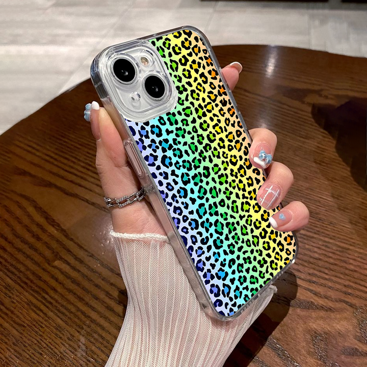 Leopard Print Phone Case Collection – Pastel Purple, Rainbow Gradient & Green with Pink Accents