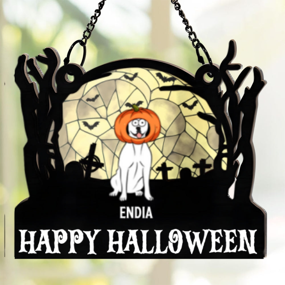 Happy Dogs Halloween Pets - Personalized Window Hanging Suncatcher Ornament