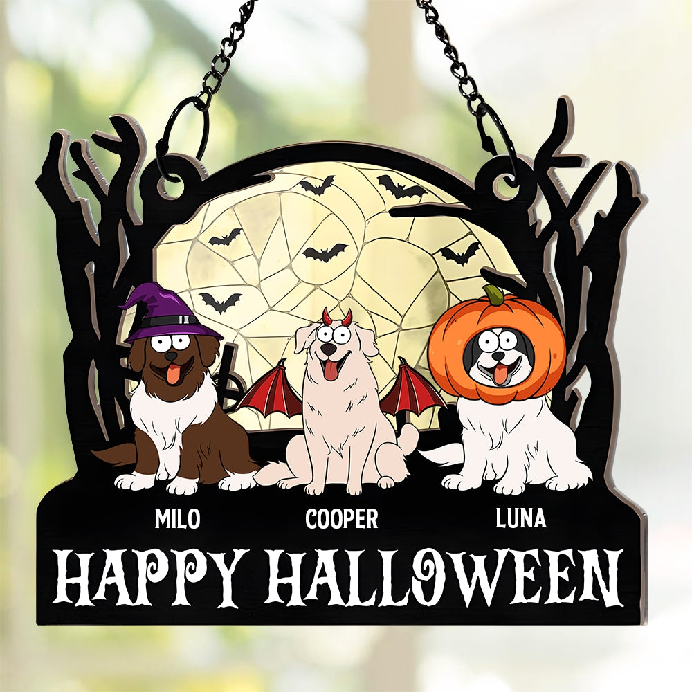 Happy Dogs Halloween Pets - Personalized Window Hanging Suncatcher Ornament
