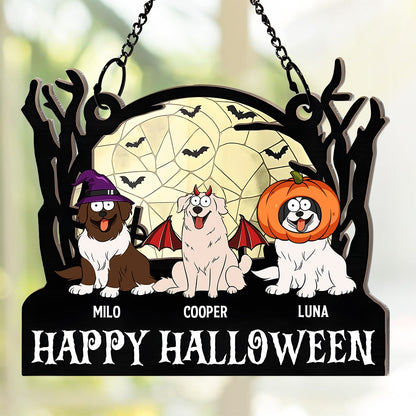 Happy Dogs Halloween Pets - Personalized Window Hanging Suncatcher Ornament