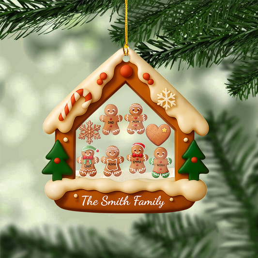 Custom Family Gingerbread House Ornament with Trees – Personalized Christmas Keepsake Acrylic Shaker Ornament