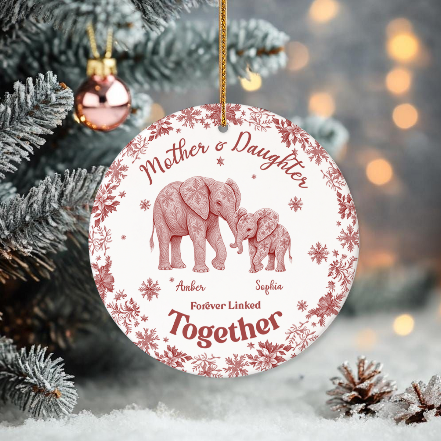Custom Elephant Toile de Jouy Ceramic Ornament – Personalized Circle Ceramic Gift for Mom & Daughter/Son, Forever Linked Together
