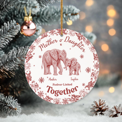 Custom Elephant Toile de Jouy Ceramic Ornament – Personalized Circle Ceramic Gift for Mom & Daughter/Son, Forever Linked Together
