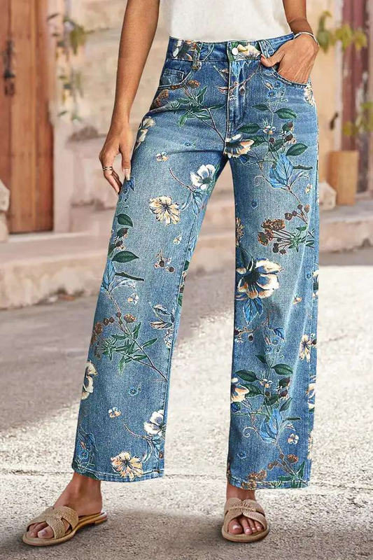 Allover Floral Pattern Straight Leg High Rise Jeans